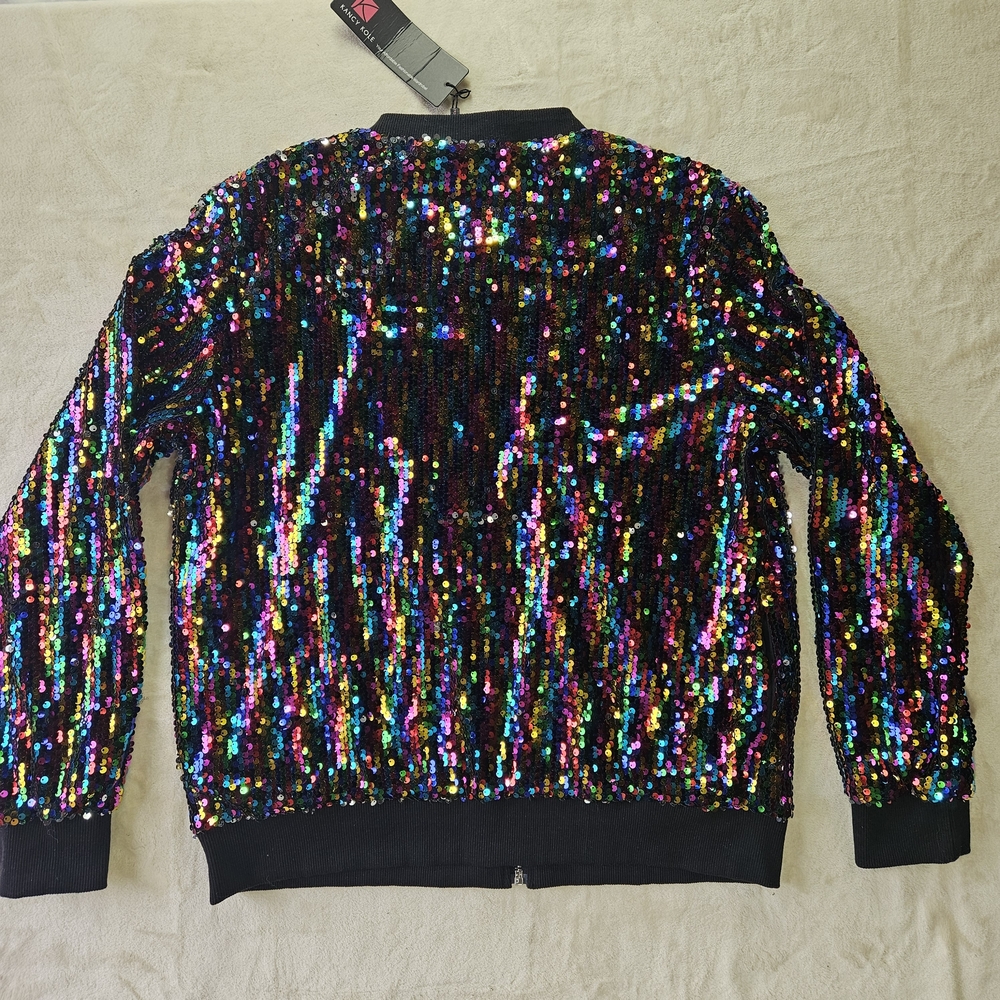KANCY KOLE Womens Sequin Bomber Jacket Rainbow Zip Front Party Blazer Size L - Picture 7 of 8